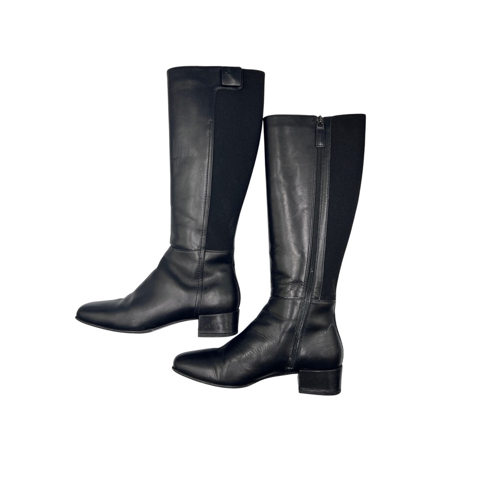 Aquatalia Tall Boots Womens Black Leather Good Knee High Elastic Back Block Heel